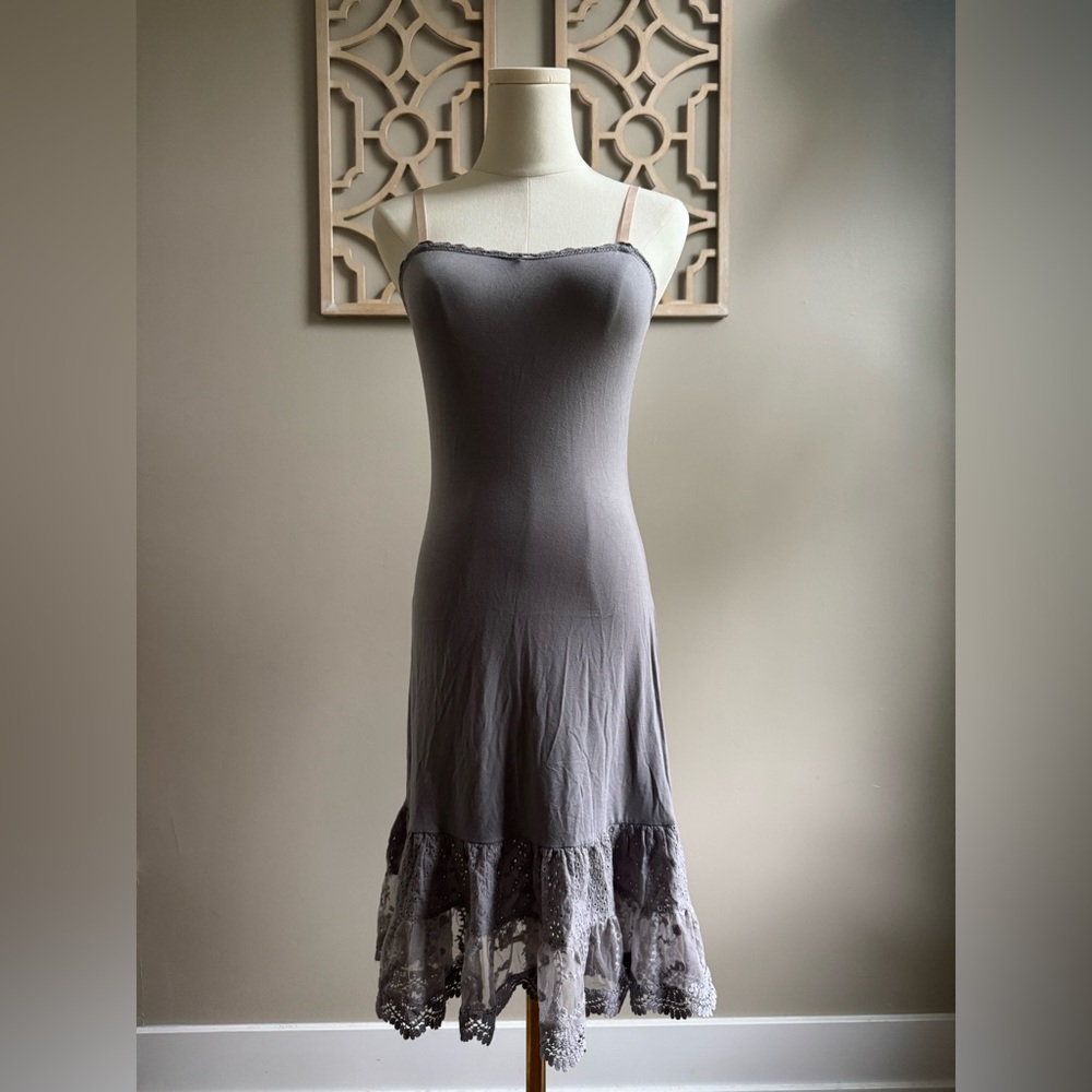 Matilda Jane gray sleeveless eyelet ruffle slip dress.